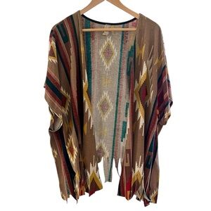 La Ropas Aztec Open Front Poncho Kimono Large Brown Fringe Made in USA
